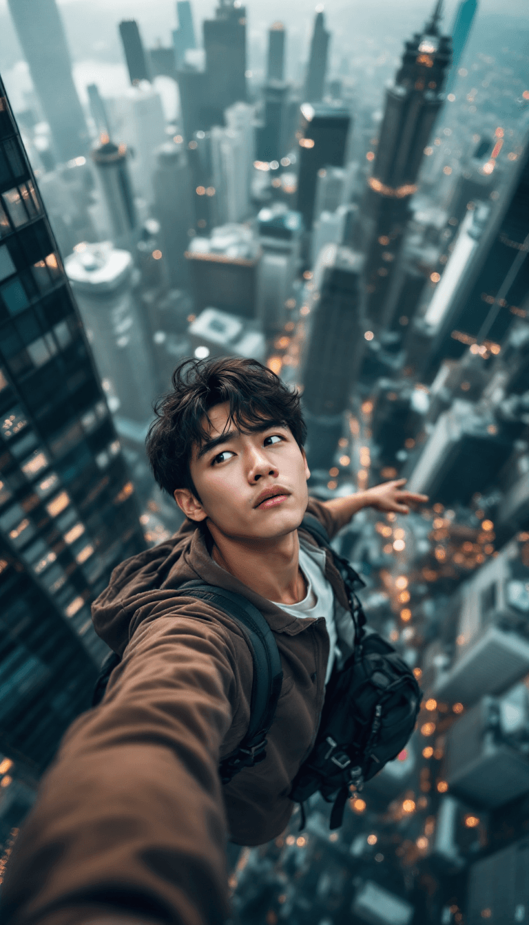 AI generated: Acrophobia composition, a worried Japanese youth hangs from the roof of a skyscraper, clinging to th...