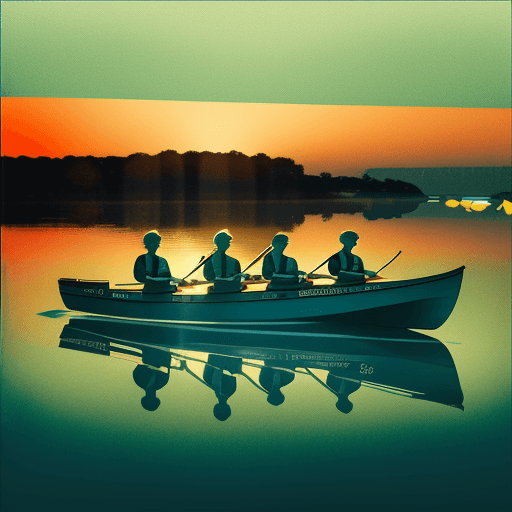 AI generated: Photo of an ultra realistic teal crew boat with four rowers dramatic light, pale sunrise, cinematic ...