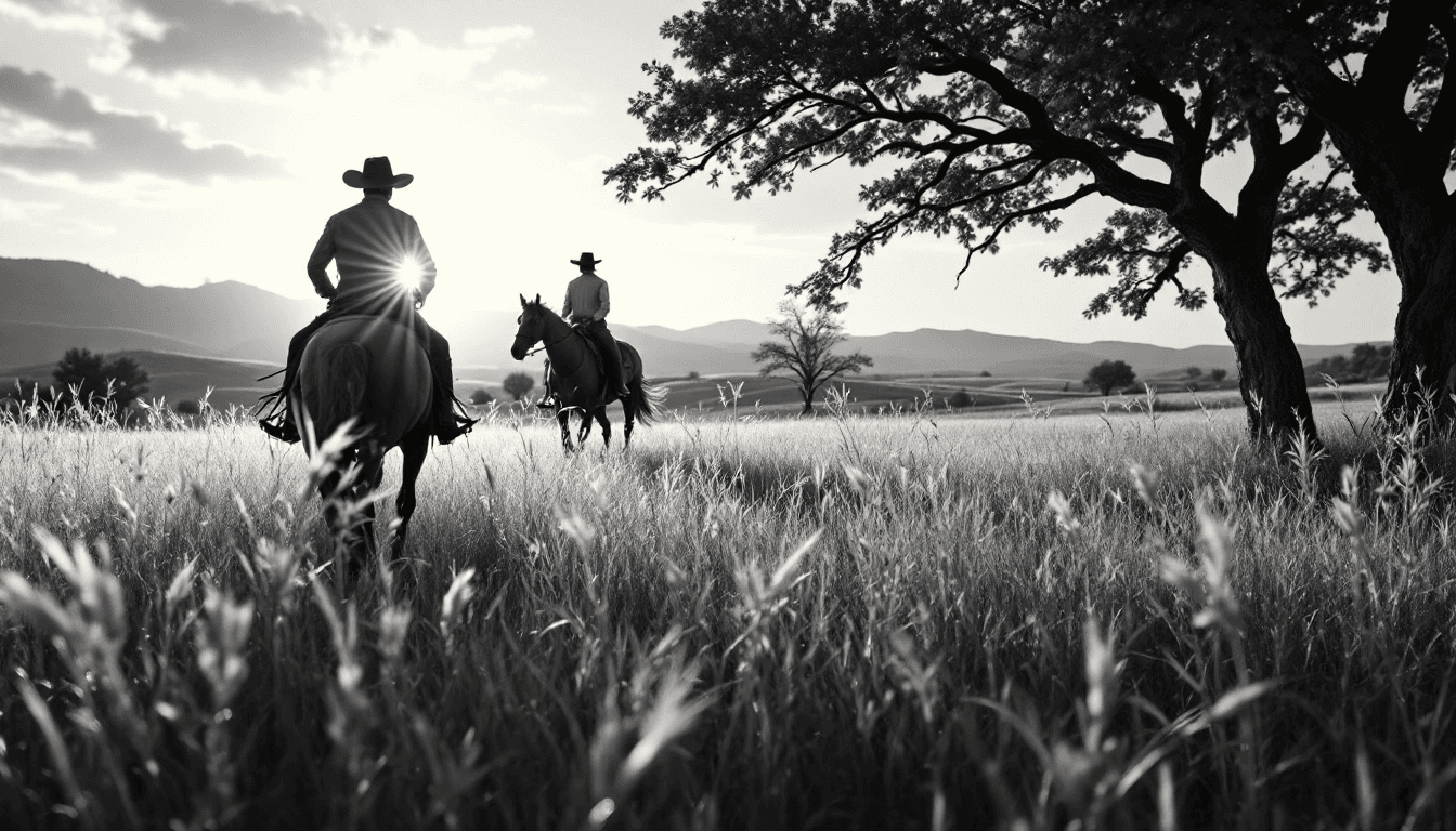 AI generated: Create a stunning black-and-white image that captures the essence of a romantic cowboy theme with a ...