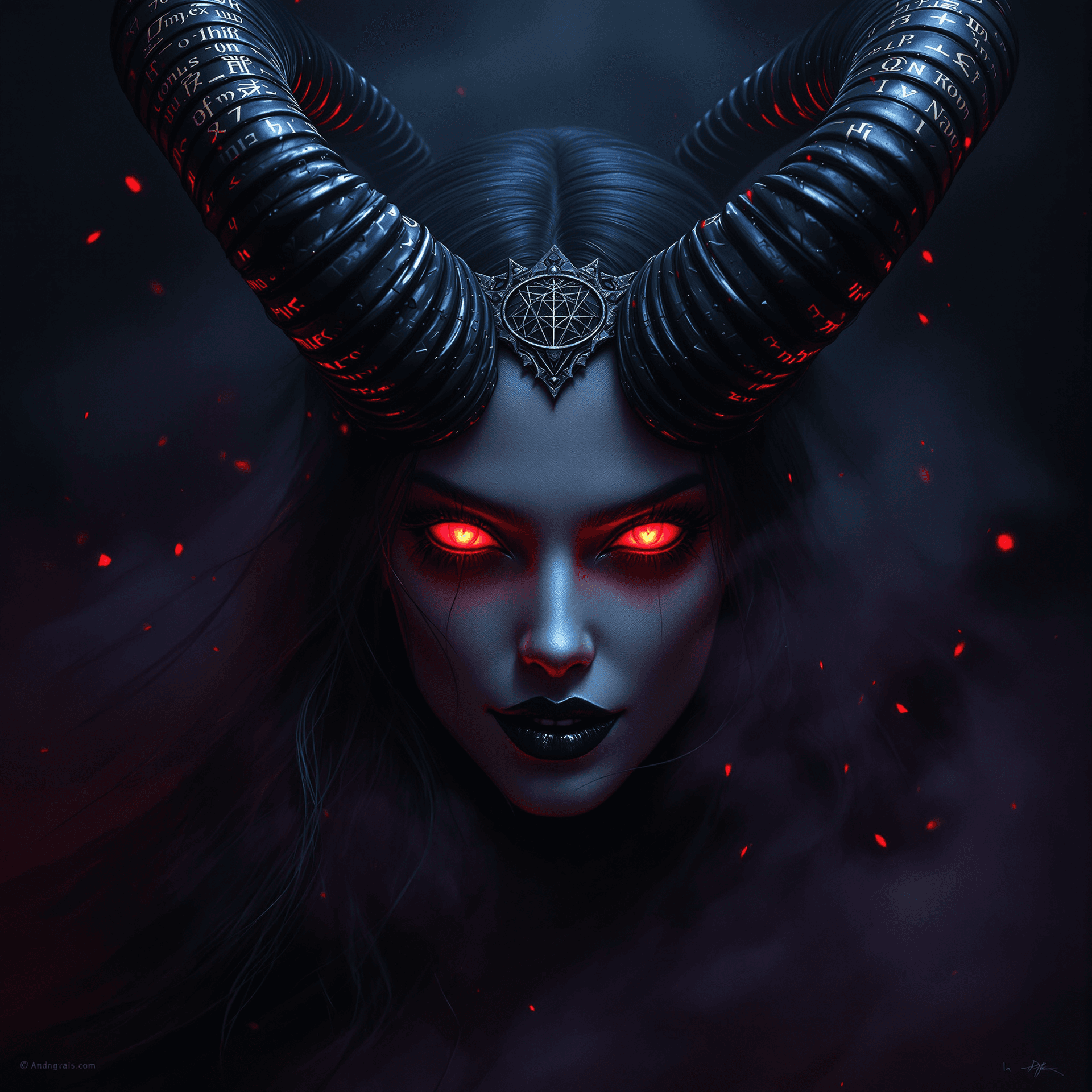 AI generated: A seductive female demon queen in a dramatic close-up portrait, reminiscent of Beksiński's dark myst...