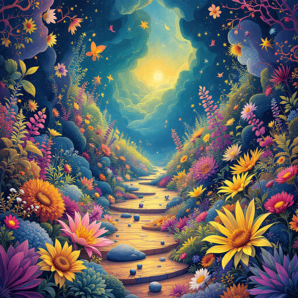 AI generated: an alchemy image bursting with vibrant colors, gradients and  unconventional flora. Include a dreaml...