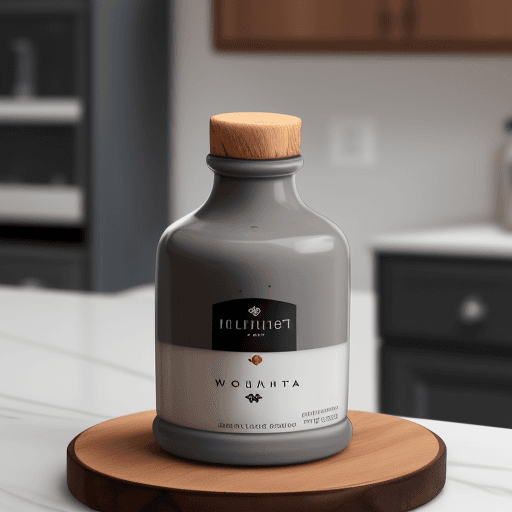 AI generated: A dark gray base with a rich texture supporting a wooden countertop, on it stands a small bottle of ...