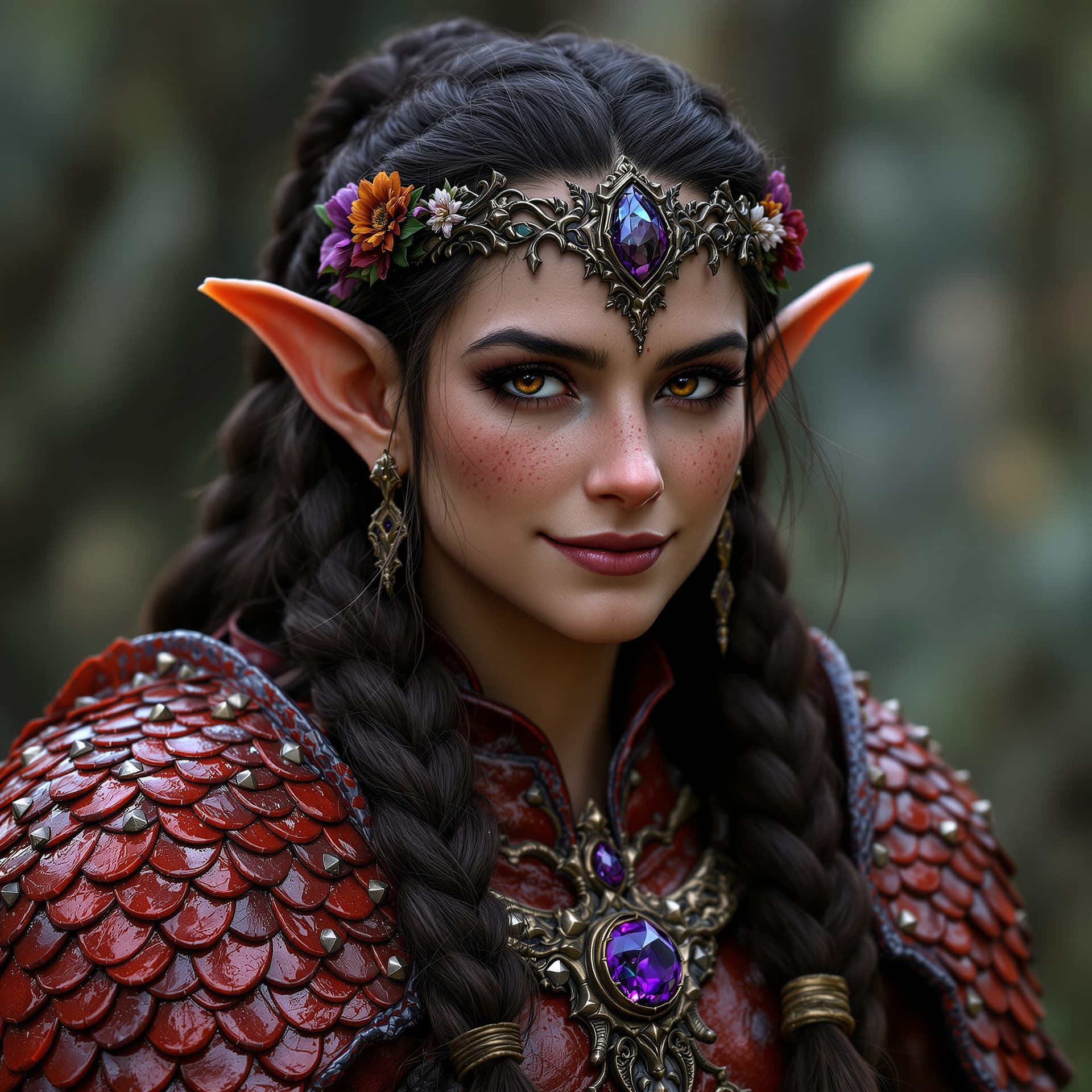 AI generated: ultra realistic druid gnome, red dragon scale studded armor!!! long braided dark brown hair!!, freck...