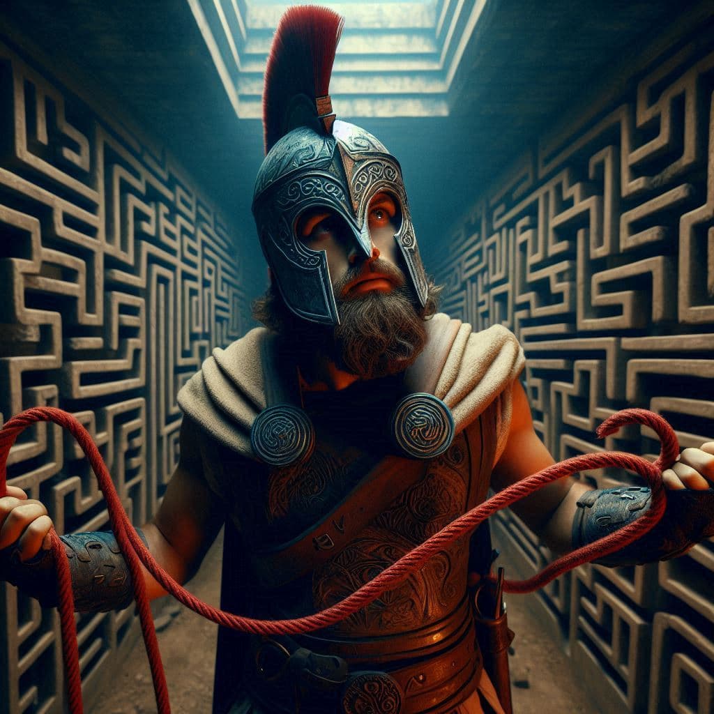 AI generated: Ancient greek warrior in a minoan labyrinth underground, looking puzzled, holding two ends of a red ...