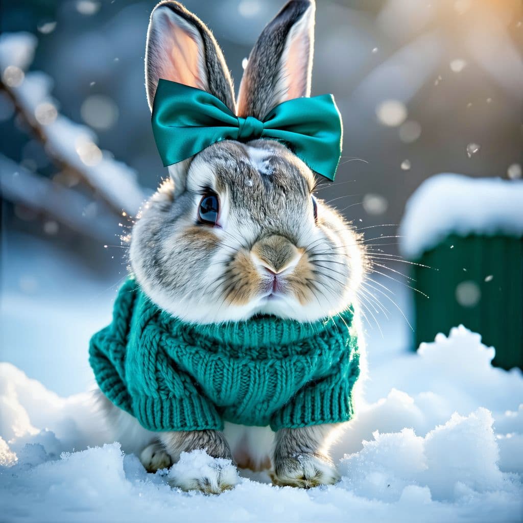 AI generated: cute light gray bunny, (detailed fur), wearing a teal sweater, teal bow on head, sitting in snow, (v...