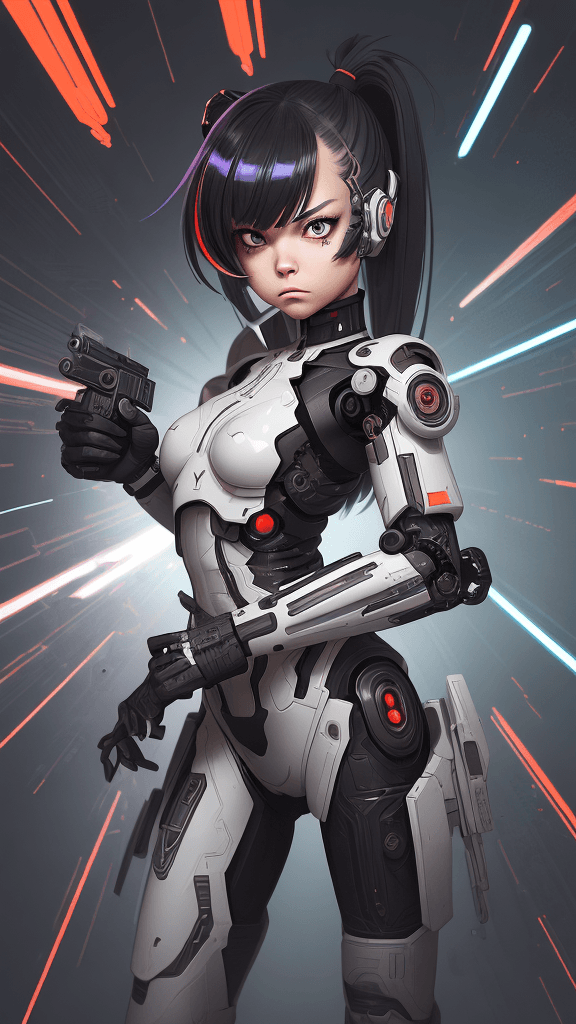 AI generated: in a neutral background portrait of little ((((Cyborg/army/female)))):4.4, shooting a ((((weapon))):...