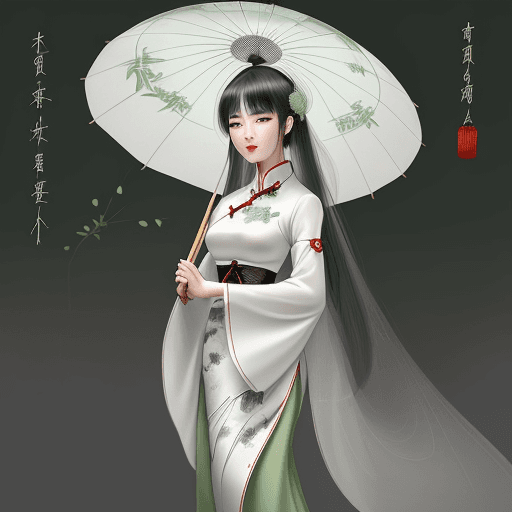 AI generated: painting of a woman dressed in traditional Chinese dress with a bamboo umbrella, in the style of rom...