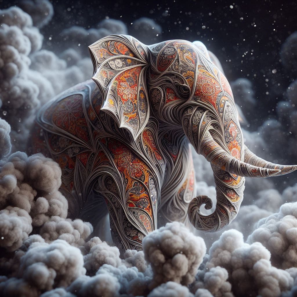 AI generated: Highly detailed Ebru-printed paper, origami elephant, volumetric fog, ultra realistic, unreal engine...