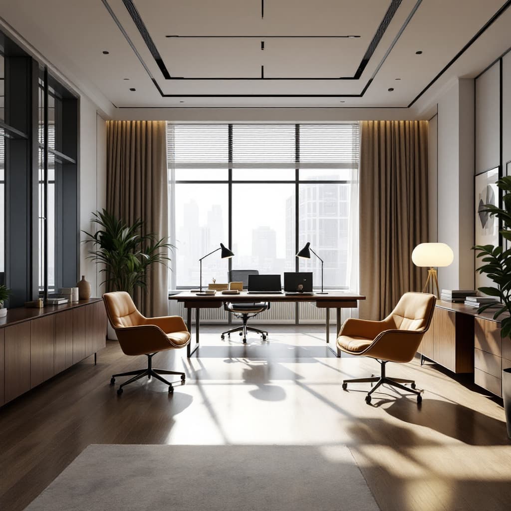 AI generated: Spacious office with frontal view, Herman Miller Aeron chairs, Artemide Tolomeo desk lamps, captured...