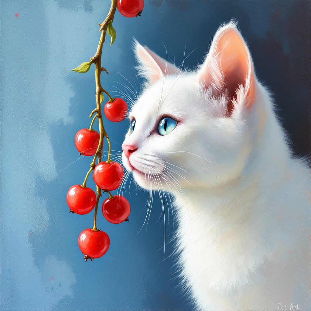 AI generated: Prompt: Thick [yet soft] acrylic painting style, a white cat curiously sniffing [red currants] hangi...