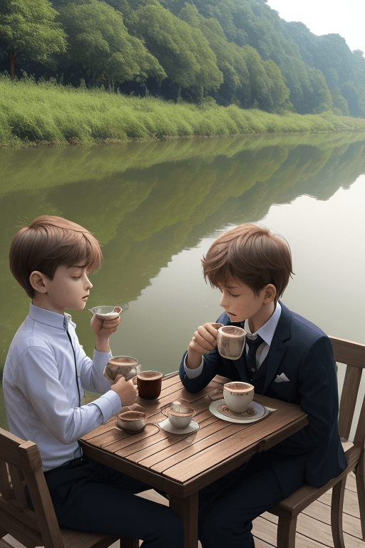AI generated: A 4 boy has tea timing near river