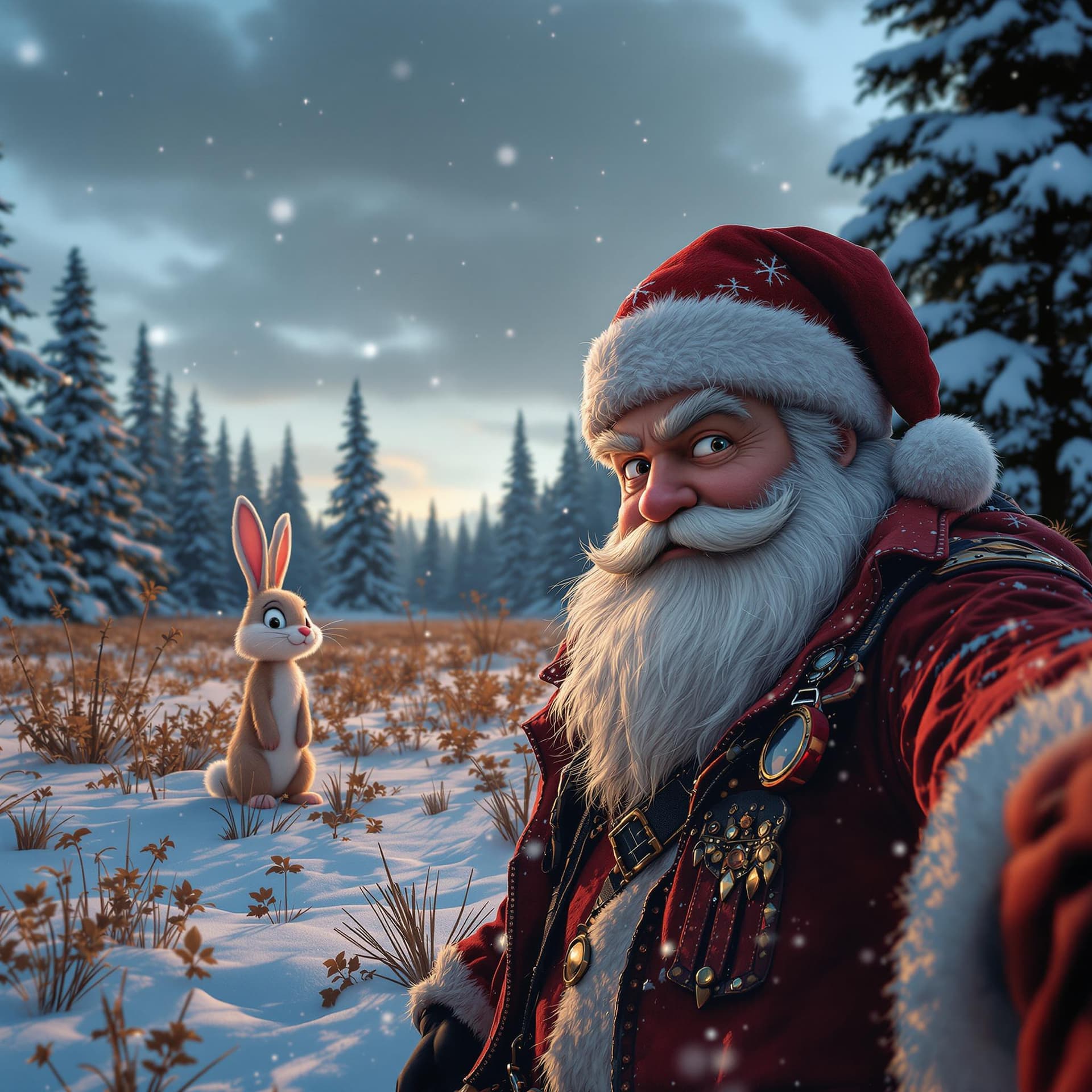 AI generated: In the winter forest, there is an field with bunny and huge wolf standing on it. Animated Santa Clau...