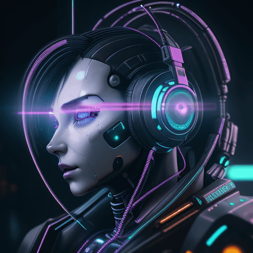 AI generated: close up of a robot with headphones on| LED display on head with music| cyberpunk robot| deep cyberp...