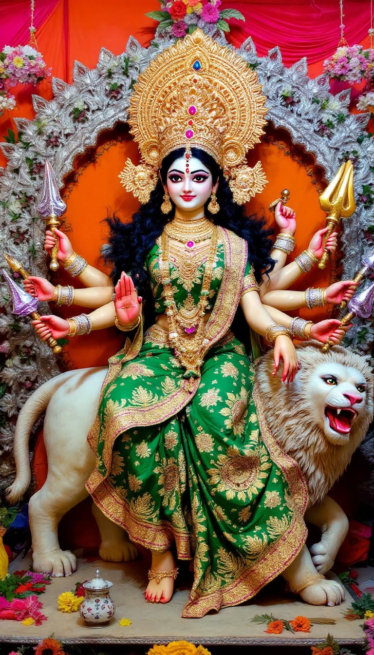 AI generated: "A divine and unique idol of Goddess Durga, intricately designed with a majestic golden crown, expre...