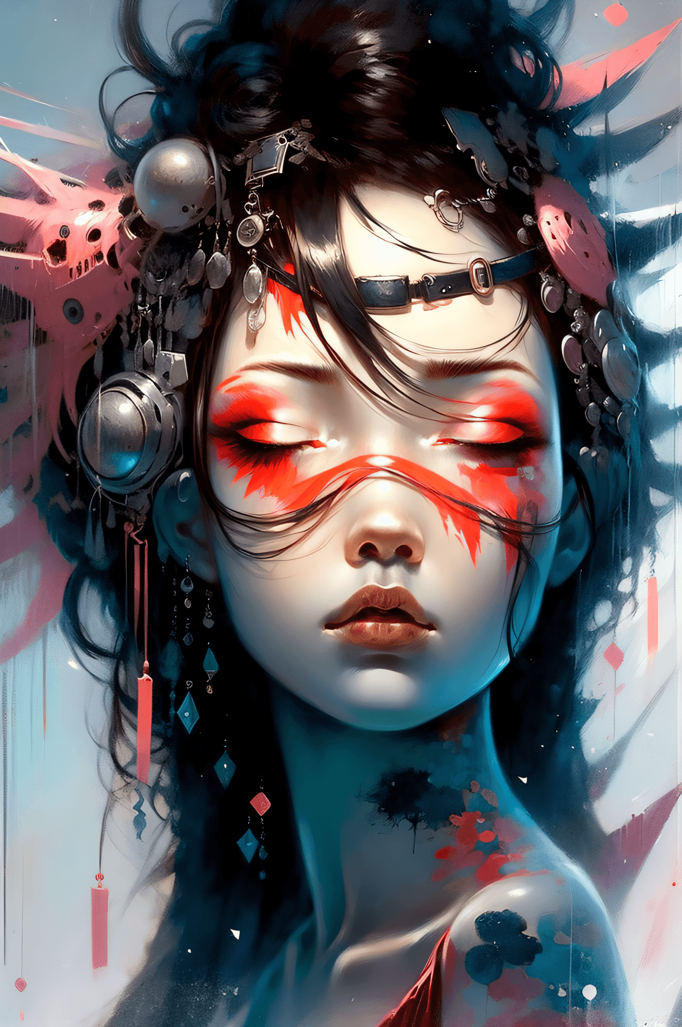 AI generated: masterpiece, solo, 1girl, expressionless, black hair, abstract, (red theme:1.1)