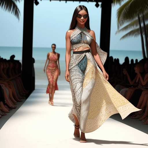 AI generated: Gorgeous model strutting the runway at a fashion show, wearing breathtaking summer outfits with intr...
