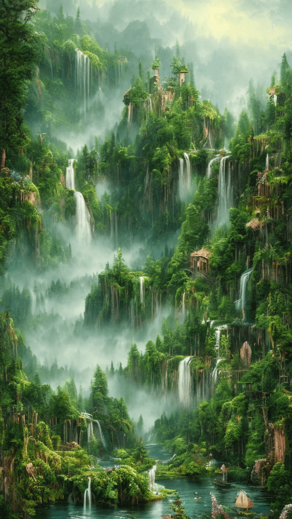 AI generated: summer landscape, green
 color, Bokeh, the waterfall, fog over the lake, insanely detailed and intri...