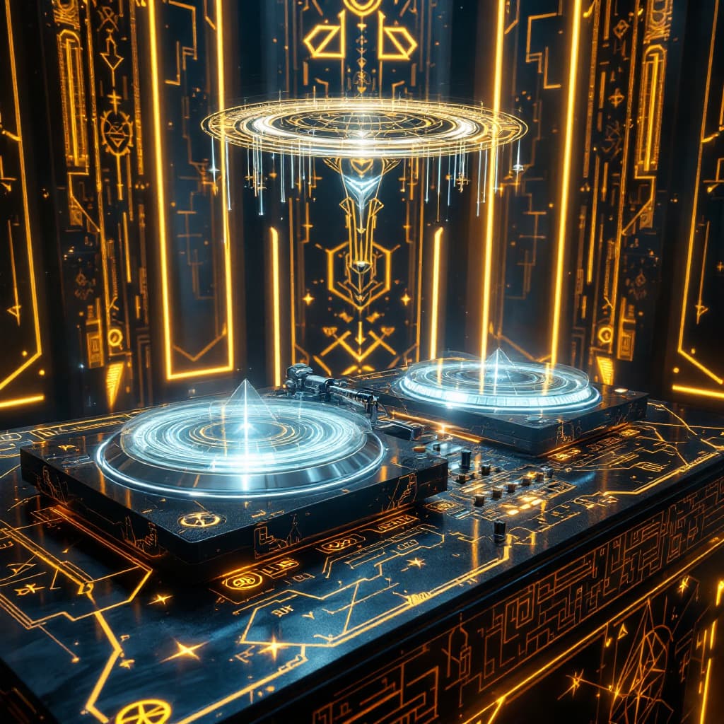 AI generated: Create a photorealistic depiction:

A hyper-detailed Anunnaki DJ setup fuses ancient sacred symbolis...