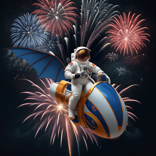 AI generated: "Astronaut riding a flying dragon, dressed in vibrant space suit, holding a bunch of fireworks, floa...