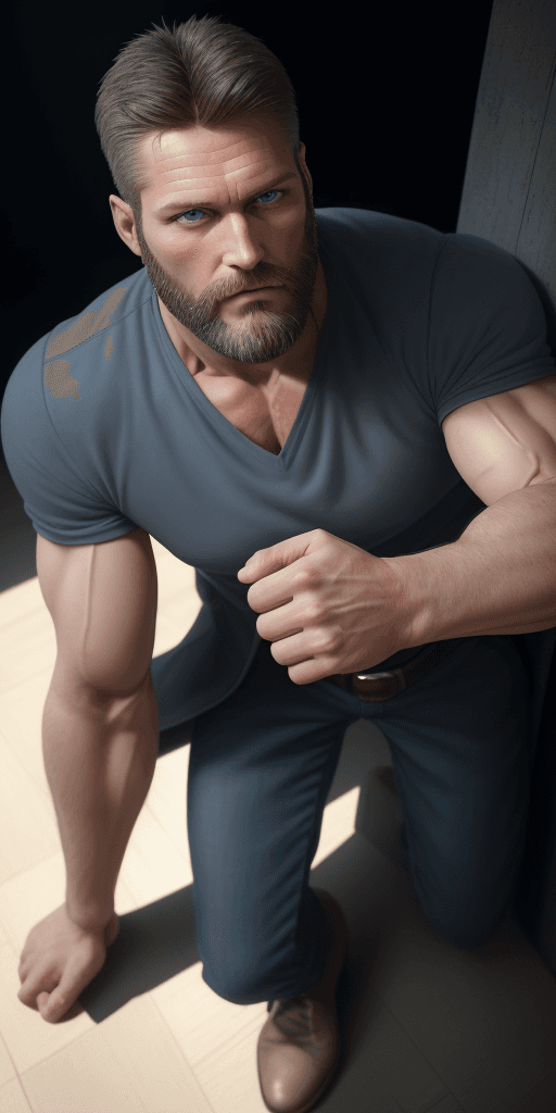 AI generated: Ground - Shot Angle - Looking down at figure from knee level, handsome, strong, beared, Russian, man...