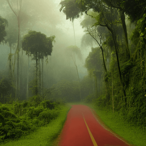 AI generated: 
the sky with a faint reddish hue,
casting an eerie, otherworldly glow over the jungle,
the colors a...