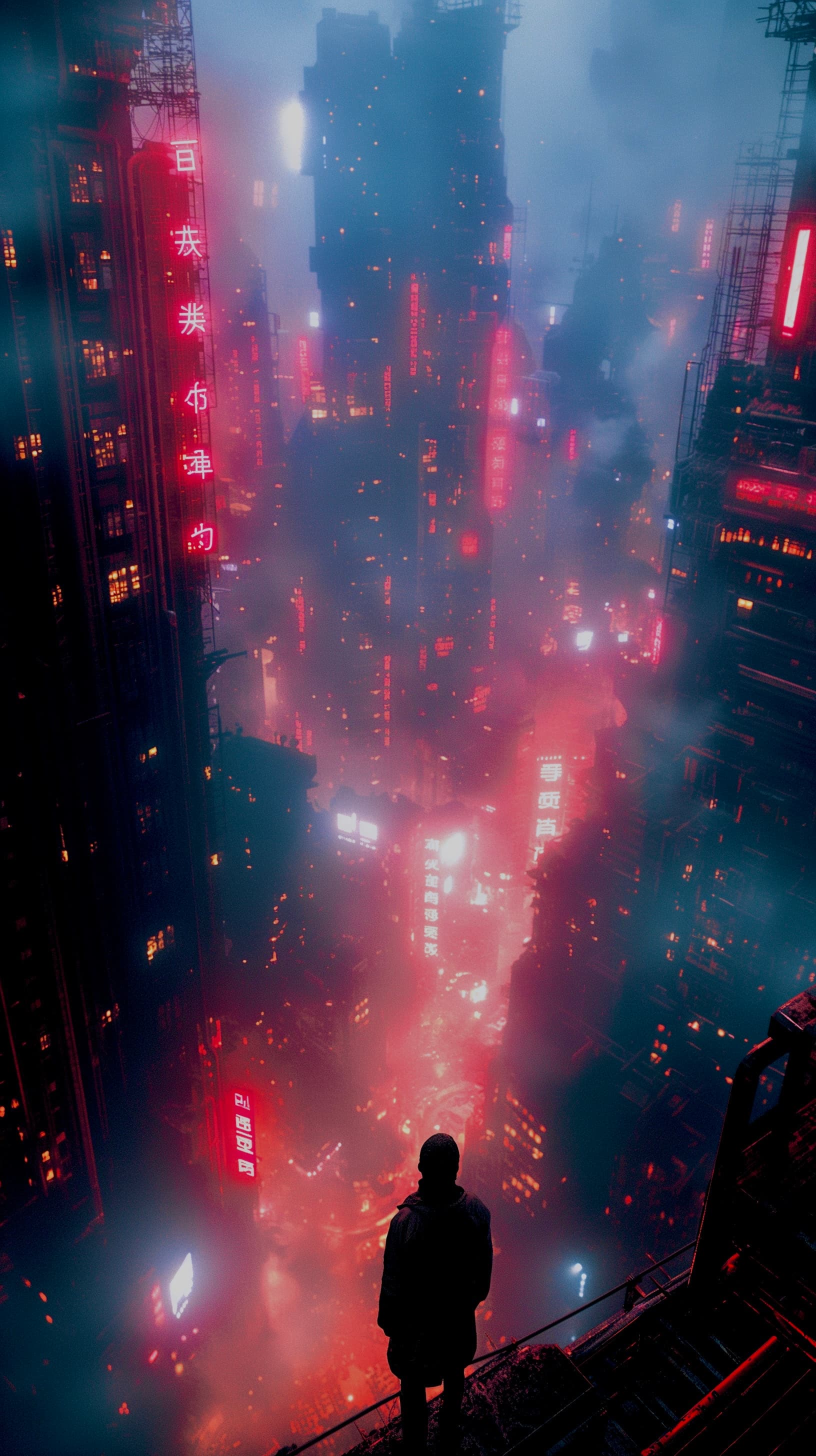 AI generated: cinematic, candid shot, cast in the moody ambiance of darkness with deep fog and neon lights, hyper ...