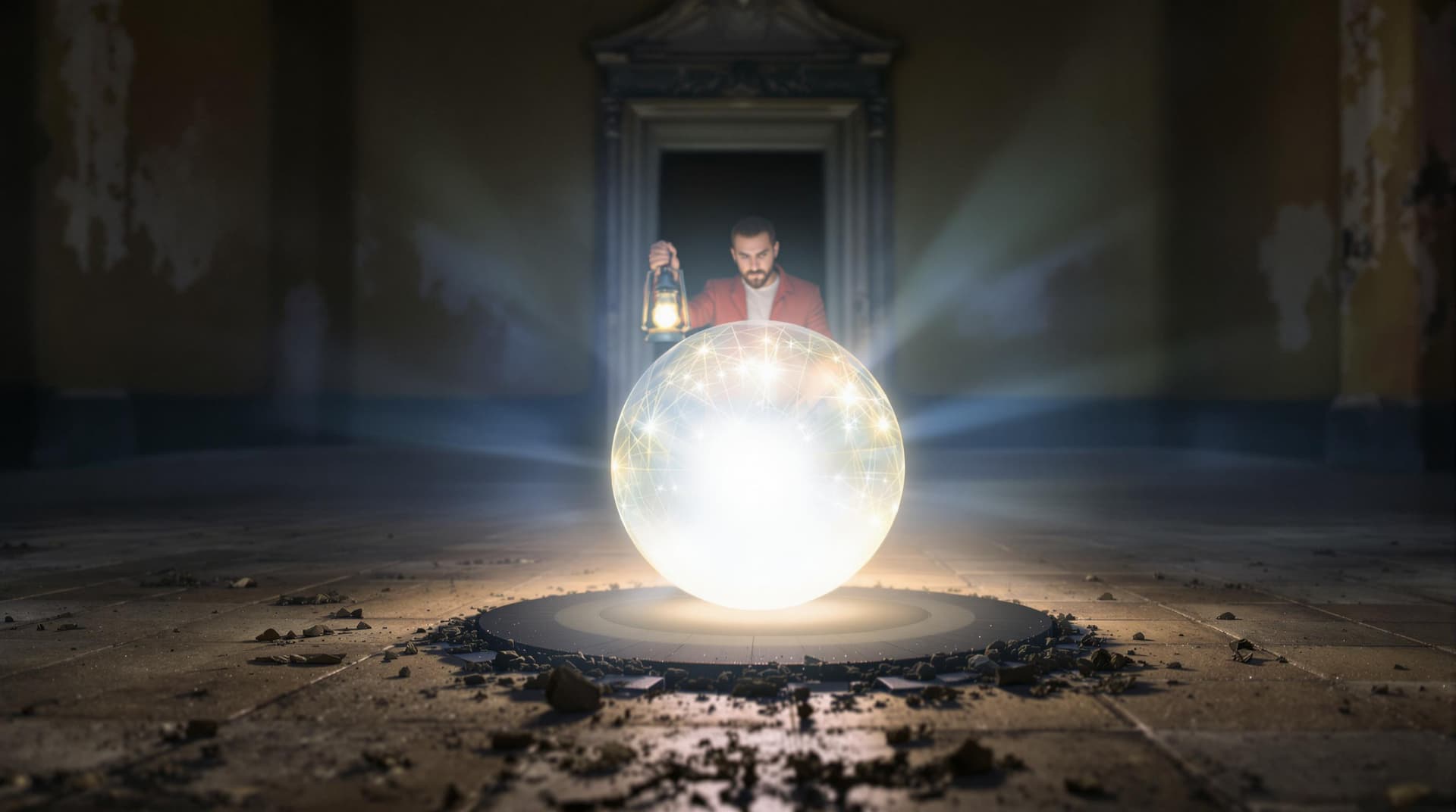AI generated: An abandoned old building. In the centre of the floor there is a magic ball. Behind the ball there i...