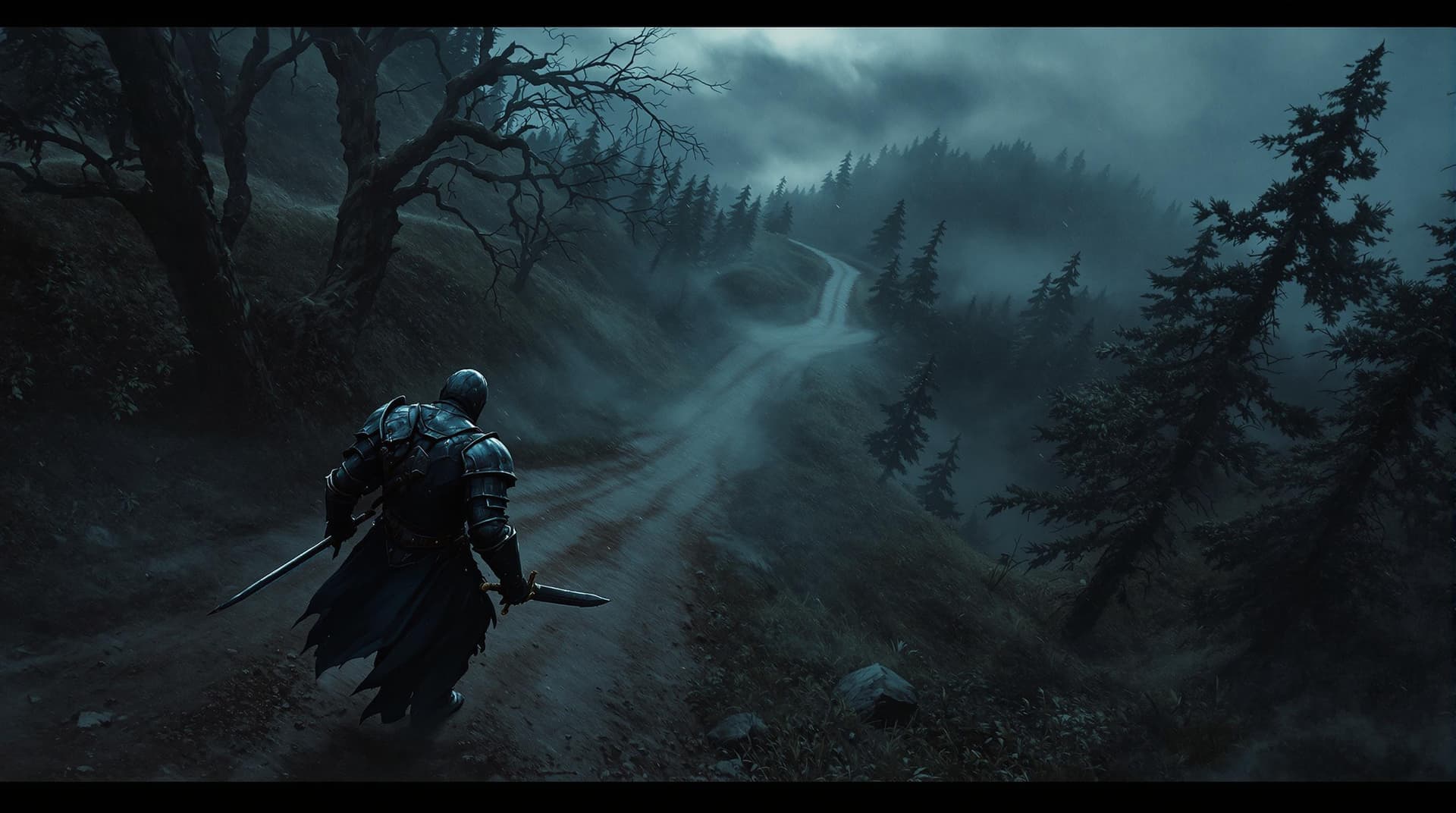 AI generated: A dramatic aerial view of a lone wounded knight descending a misty wooded hill at dusk, following a ...