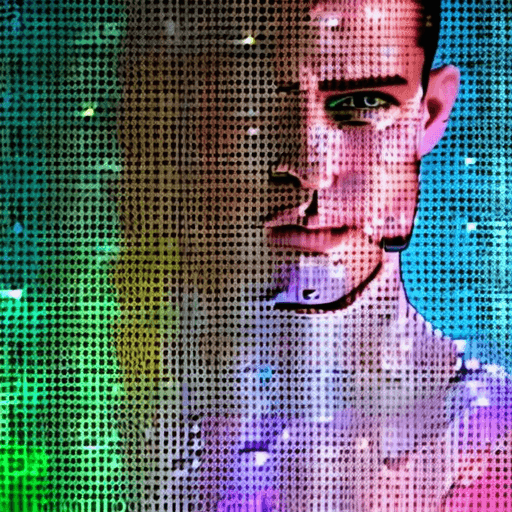 AI generated: high resolution portrait of a young man model, center front view, half upper-body covered with iride...