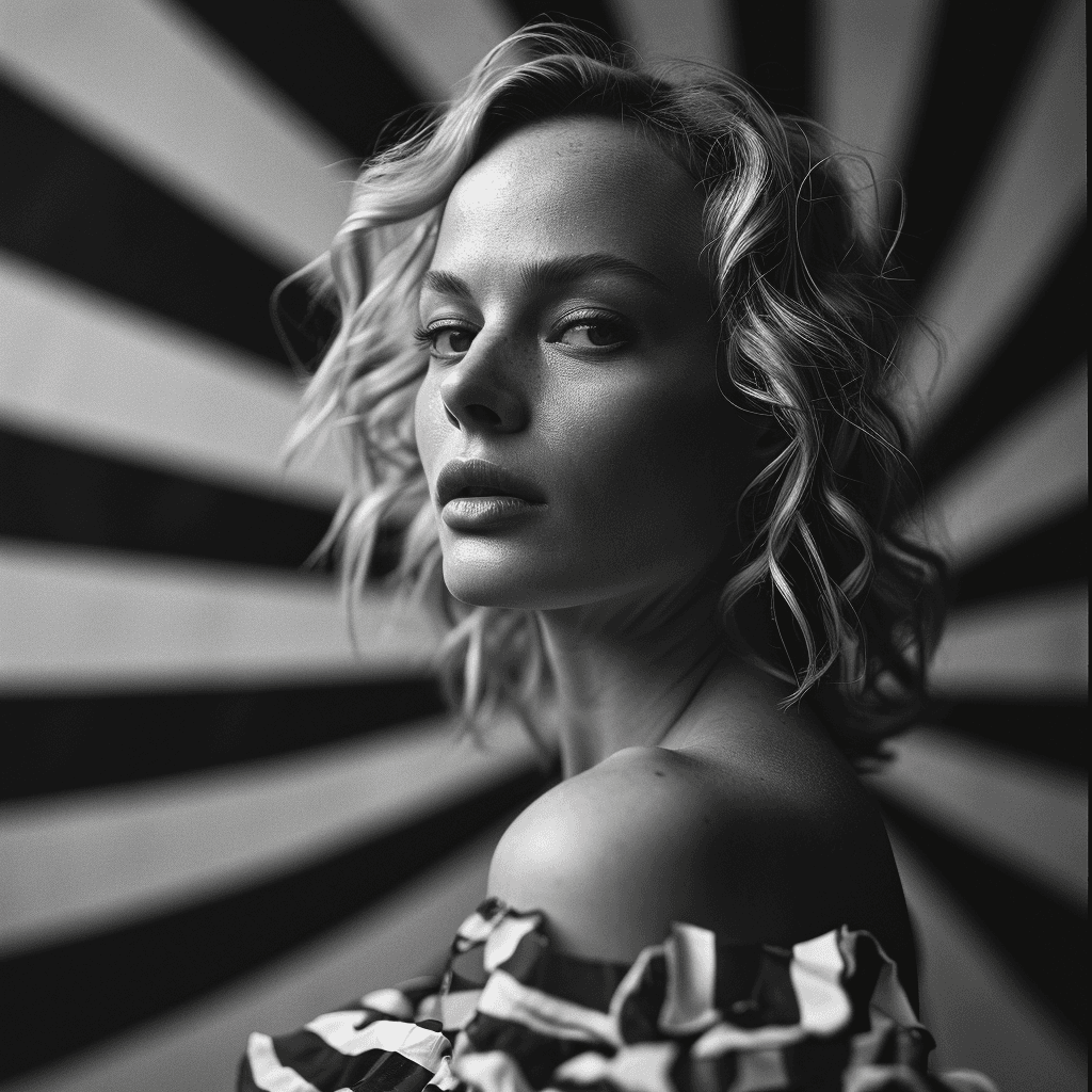 AI generated: Margot Robbie, op-art style, black and white dual tone, spiral background, Hasselblad 500 C/M, --cha...