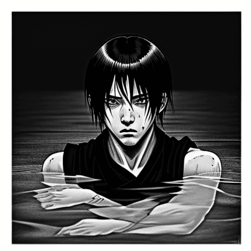 AI generated: old manga style drawing of a drowning guy with emo hair like killy from blame! in a  really dark and...