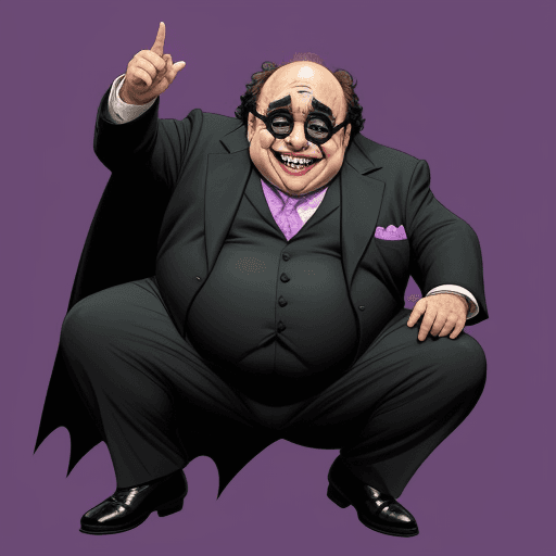 AI generated: Danny DeVito in a batman suit, fat and happy, Joker smile, fantasy background