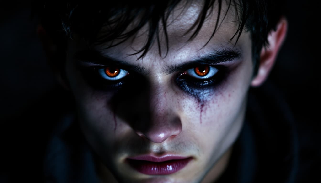 AI generated: A young man with haunting, abyss-like eyes that seem to pierce through the soul. His gaze is intense...