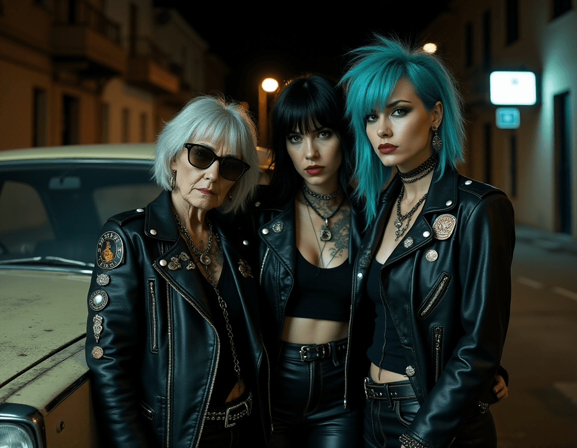 AI generated: 3 punk gothic women stand leaning against the side of an aged car ; they all have black leather jack...