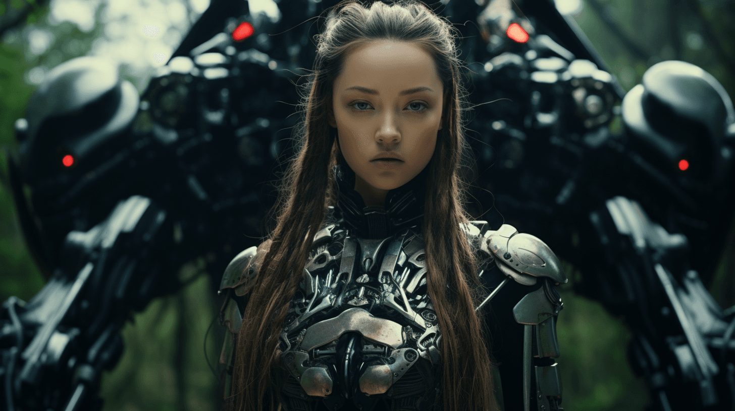 AI generated: devon aoki as cybernetic samurai, Sony a7R IV camera, Meike 85mm F1.8 lens, wide-angle shot, full-bo...