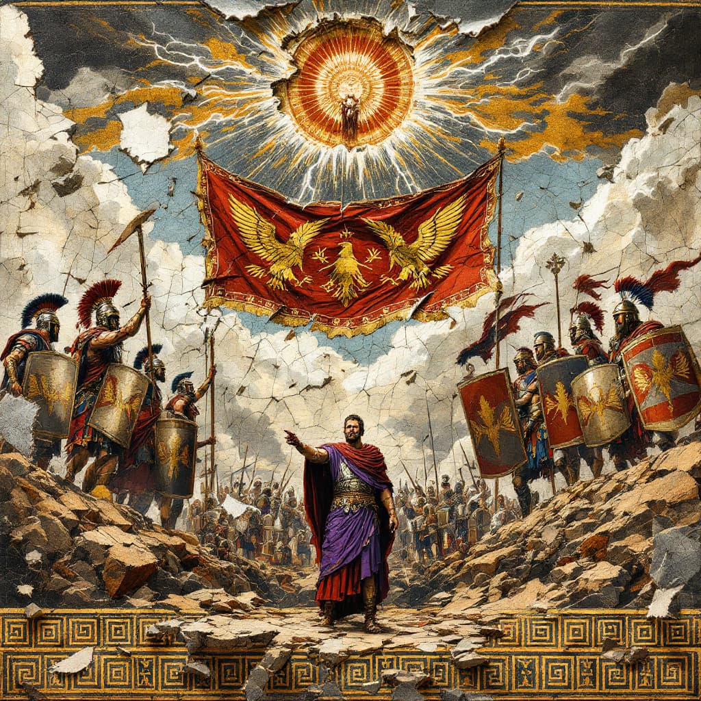 AI generated: Worn, broken Ancient Roman wall mosaic, 16x9 format. Fragmented battle-hardened legionnaires in batt...