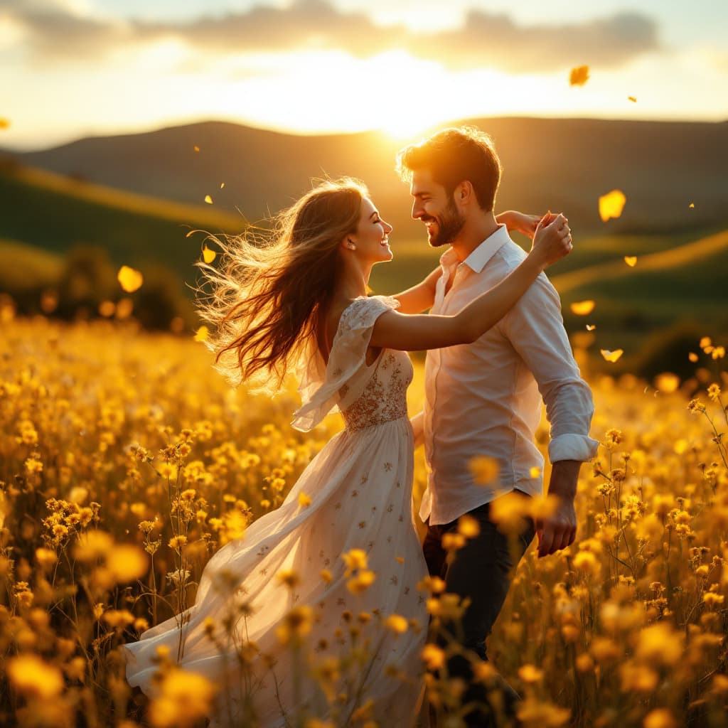 AI generated:  A couple dancing joyfully in a golden field of wildflowers at sunset, petals drifting in the breeze...