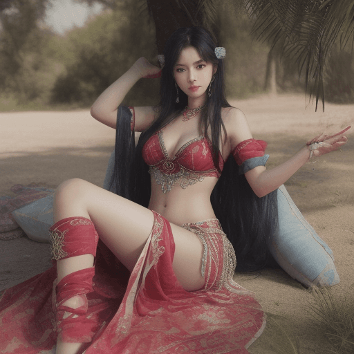 AI generated: The image depicts a gorgeous asian woman with waist length raven hair taut chiseled stomach in a red...
