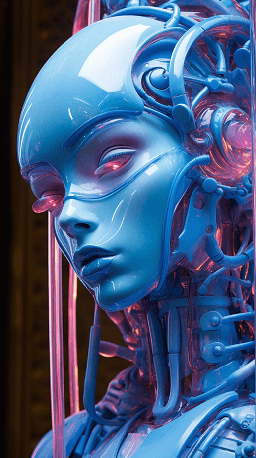 AI generated:  robot girl in blue colors, in the style of hyperrealistic environments, colorful biomorphic forms, ...