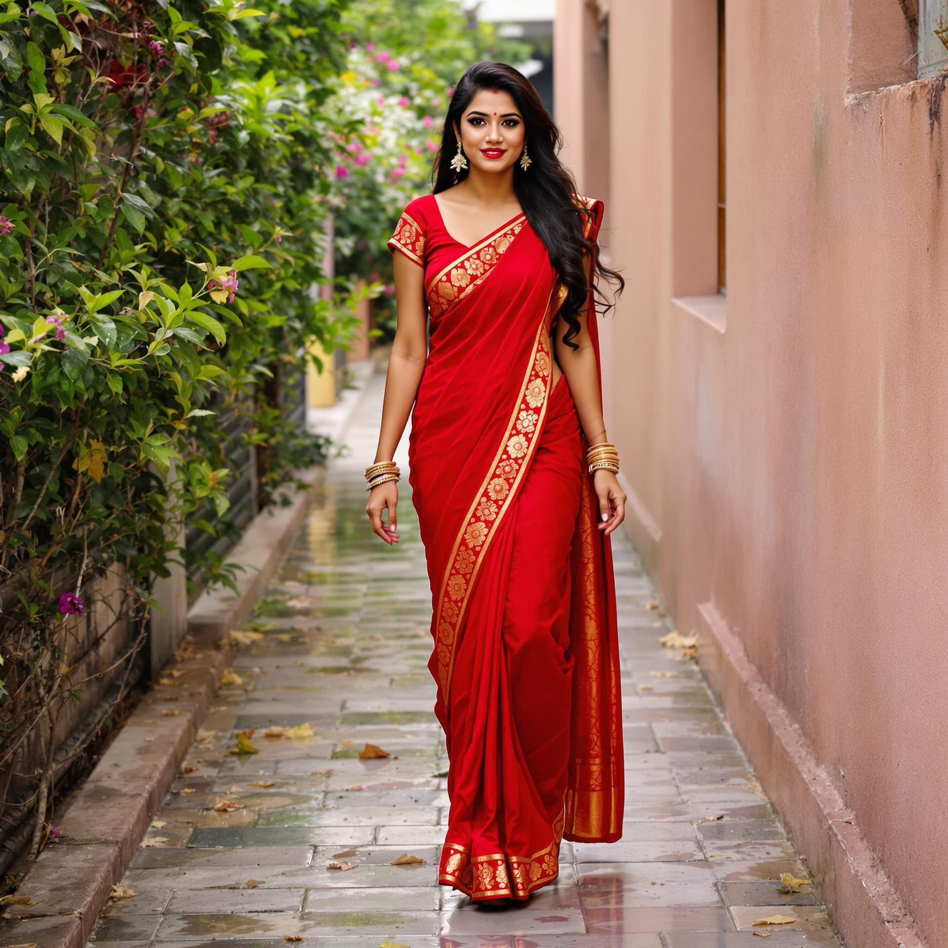 AI generated: a 3/4 body shot professional photograph of a beautiful young south Indian woman, 24yo, long hair, we...