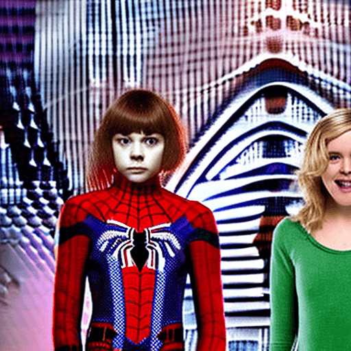 AI generated: Shown in a bright color photo, Very close up face, three female Spider-man family, on the left is So...