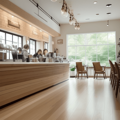 AI generated: photograph a cozy coffee shop as it's graced with the soft light of morning, the design features a s...