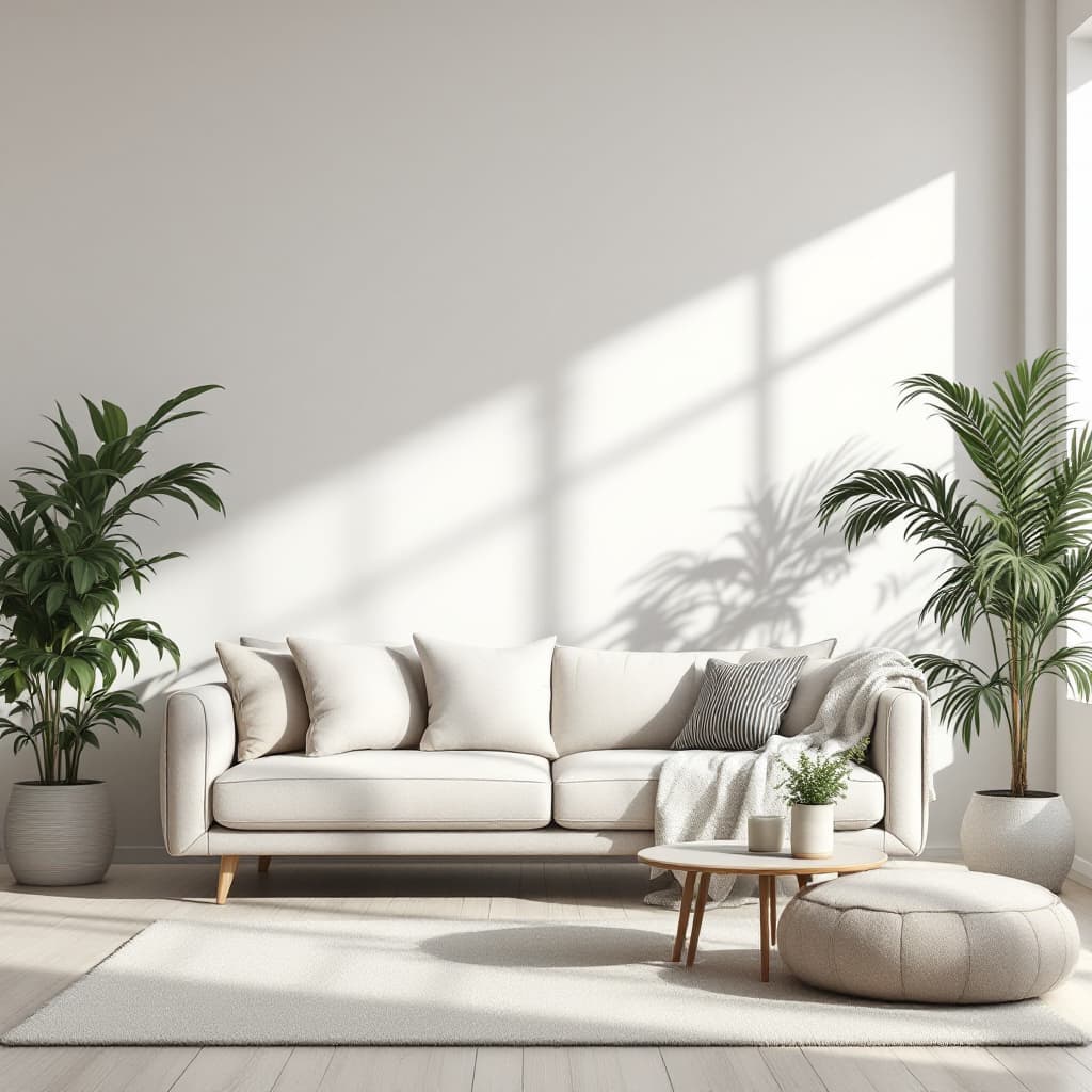 AI generated: 
"A realistic, minimalistic living room with modern furniture in neutral tones, complemented by lush...
