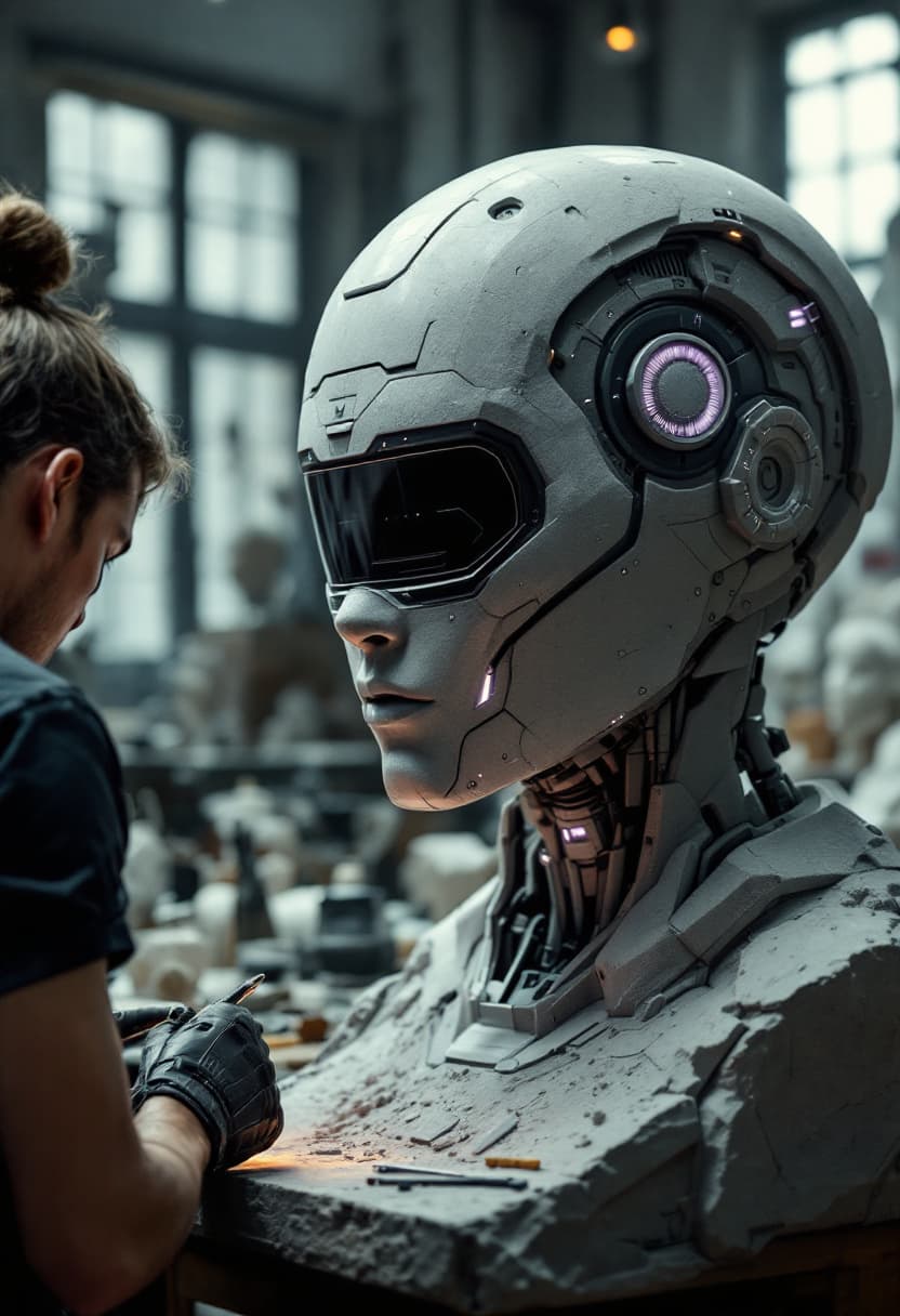 AI generated: A highly detailed cinematic shot capturing a human sculptor from the knees up, skillfully carving a ...