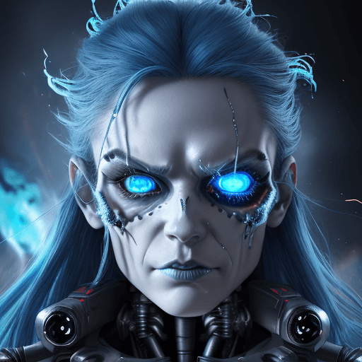 AI generated: blue eyes, ice crystals in hair, big eyes, blue hair, dynamic lighting, Terminator, cyborg, evil, in...