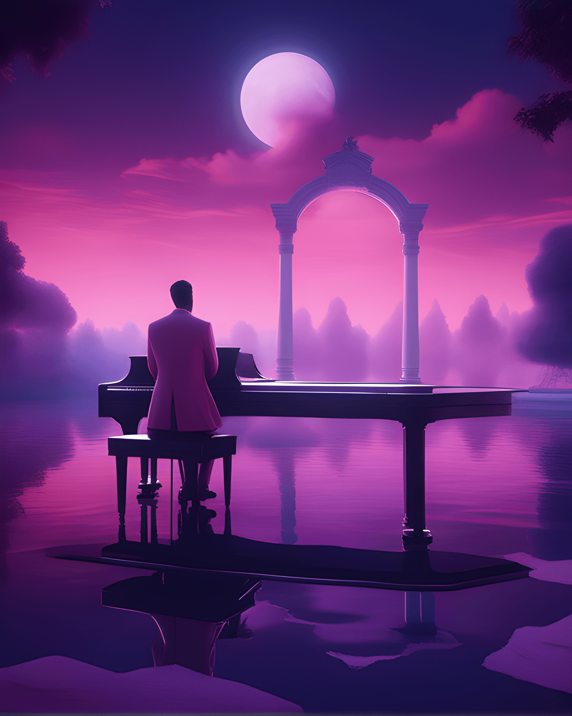 AI generated: arafed image of a piano and a man in a pink sky, unreal engine ; romantic theme, vaporwave wallpaper...