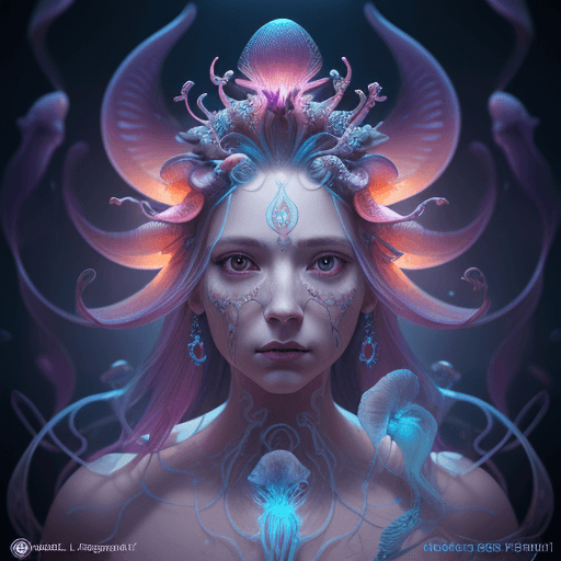 AI generated: Goddess close-up portrait ribcagel. jellyfish phoenix head, nautilus, orchid, skull, betta fish, bio...