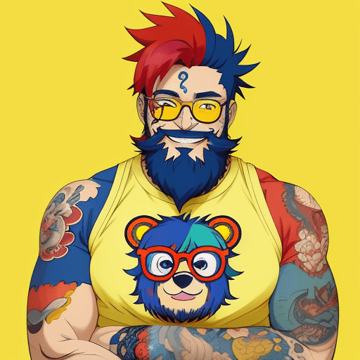AI generated: Anime style illustration of a bear wearing glasses and beard character with red and blue hair, weari...
