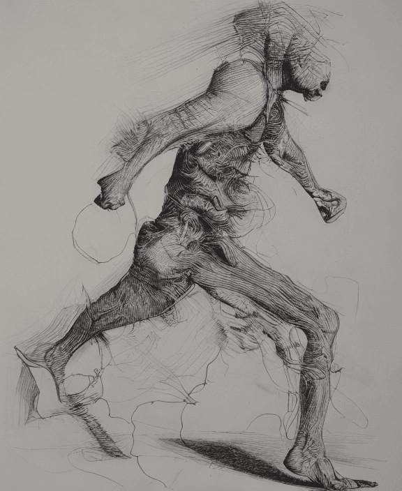 AI generated: white background, drypoint engraving scribble, bizarre drawing, bizarre design, man who runs on four...
