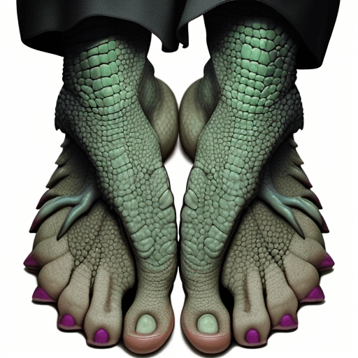 AI generated: a human foot similar to a dinosaur's foot with reptile claws instead of human nails. Place respitili...